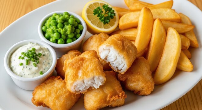 Crispy Golden Fried Fish Bites with Potato Wedges, Mushy Peas, Tartar Sauce, and Lemon Garnish on a White Plate