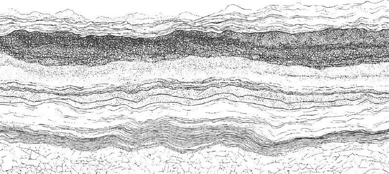 Black and white cross section of geological strata with wavy lines and granular textures abstract background
