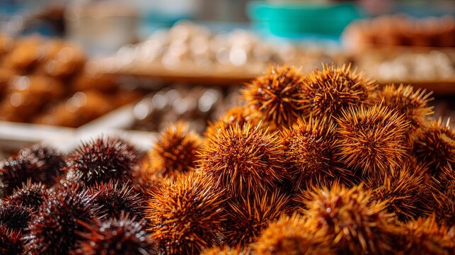 A vibrant display of sea urchins on a market stall with various seafood in the background