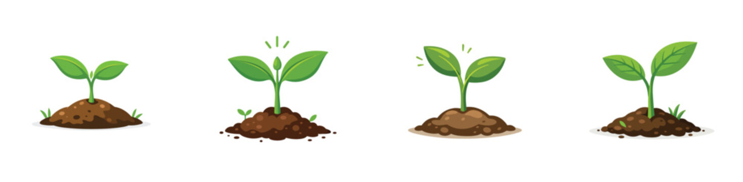 Small shoot vectors start to grow from the ground. Vector, flat, illustration, minimalist, icon, icon set