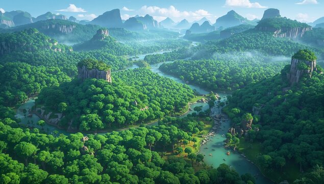 Serene Aerial View of Lush Green Mountains and Winding Rivers