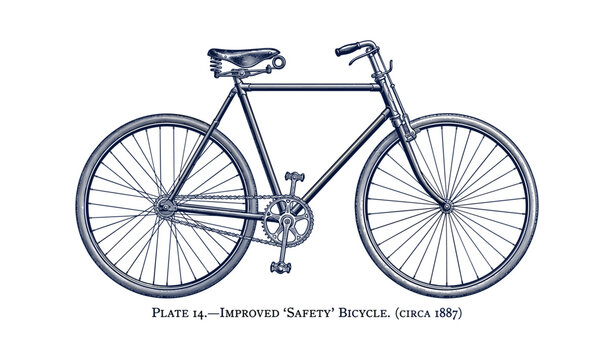 Vintage 1887 improved safety bicycle illustration with detailed design