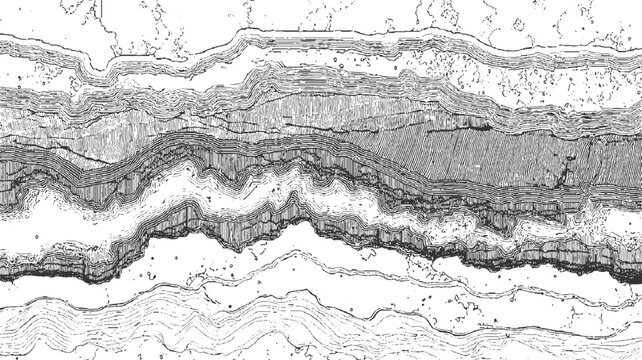 Detailed black and white cross section of geological strata showing folded rock layers and sedimentary deposits
