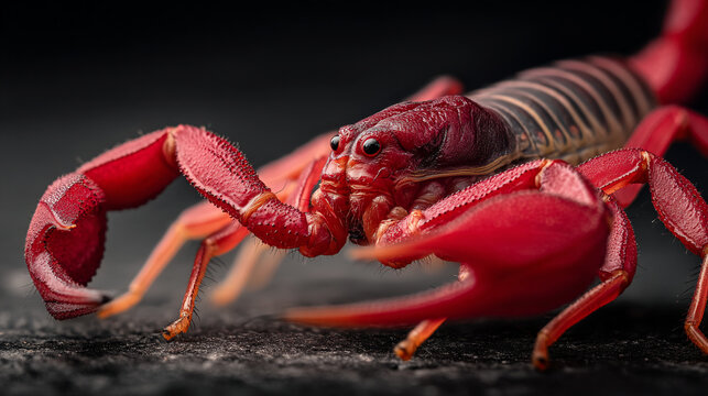 A close-up view of a red scorpion on a dark surface