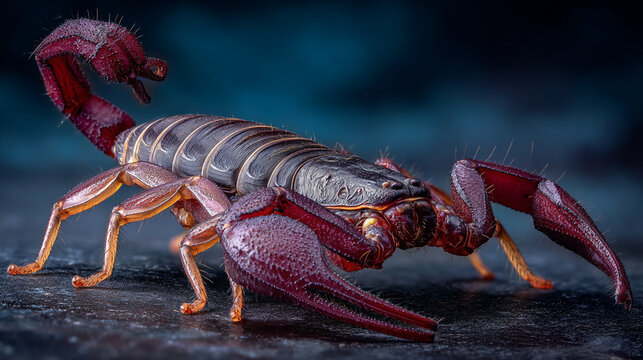 A large red scorpion with its tail raised on a dark surface