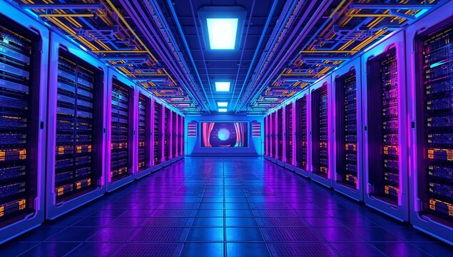 Vibrant Data Center with Colorful Lights and Modern Technology