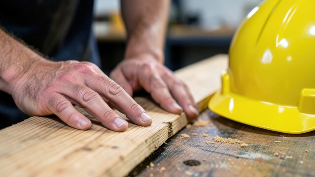 Worker hands on raw wooden planks beside yellow safety hard hat, detailed industrial close-up highlighting craftsmanship, labor and protection

