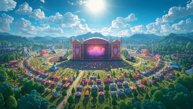 Vibrant Outdoor Music Festival with Colorful Tents and Crowds