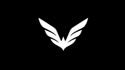 Fototapeta premium Abstract white wings logo on black background. Modern minimalist symbol for freedom, speed, or aviation. Stylized bird icon graphic design.