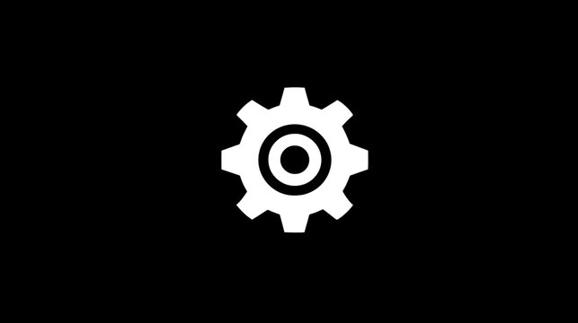 White gear icon on black background, representing settings, options, configuration, mechanics, and technology
