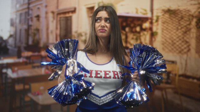 Woman cheerleader holding metallic blue pom poms, hands visible, grimacing in a restaurant building with tables and chairs; disappointment fatigue.