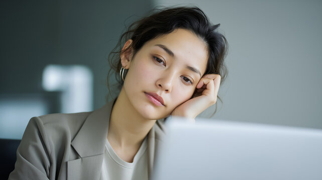 仕事に悩む日本人ビジネスウーマンのポートレート デスクワーク 軽い疲労 思考中のイメージ