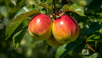 Obraz premium Close up view of two beautiful ripe red and yellow apples covered in dew drops hanging from a tree branch on a sunny day
