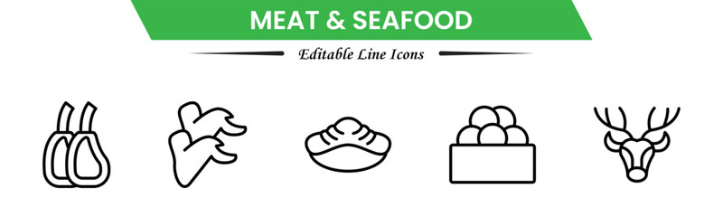 Obraz premium Meat and seafood icons depicting steaks, fish, shrimp, chicken, fillets, shellfish, cooking, grilling, freshness, protein, nutrition, butchery, cuisine, preparation, and ingredients.
