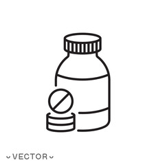 medicine bottle and pills, vitamin concept, thin line symbol isolated on white background, editable stroke eps 10 vector illustration © Gilbert-Illustration