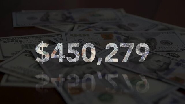 Digital 4K animation of a rapidly increasing dollar amount counter over a pile of one hundred dollar bills.