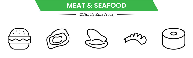 Obraz premium Meat and seafood icons depicting steaks, fish, shrimp, chicken, fillets, shellfish, cooking, grilling, freshness, protein, nutrition, butchery, cuisine, preparation, and ingredients.
