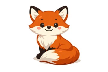 Obraz premium Adorable animated orange fox character sitting, looking forward with a friendly smile, and featuring charming big eyes and fluffy fur details on a white background