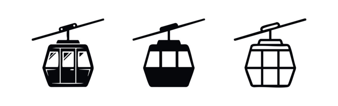 Cable Car Gondola Icon Set for Mountain Transport, Ski Lift and Aerial Tramway Symbols