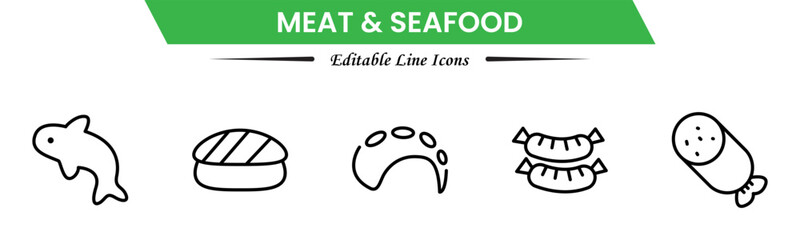 Obraz premium Meat and seafood icons depicting steaks, fish, shrimp, chicken, fillets, shellfish, cooking, grilling, freshness, protein, nutrition, butchery, cuisine, preparation, and ingredients.