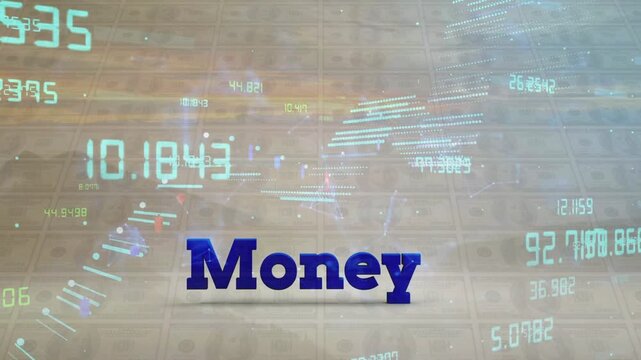 3D "Money" text in blue standing over a background of dollar bills with glowing digital stock tickers and changing numbers in 4K.