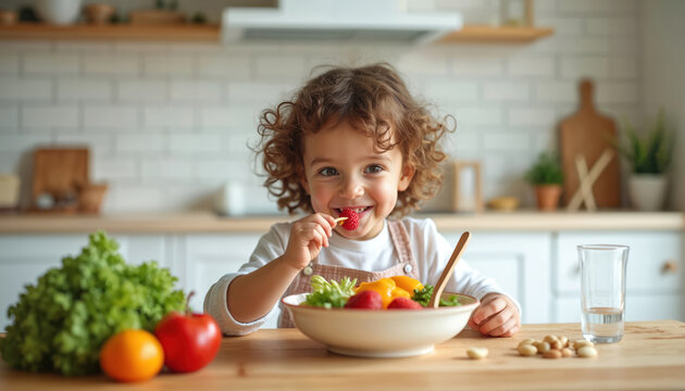 Curly haired child eats fresh vegetables and berries from bowl. Happy girl enjoys healthy food at kitchen table. Toddler mealtime promotes good nutrition for growth and development.