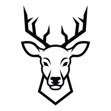 Black and white illustration of a deer head with antlers on white background icon