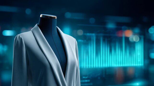 A sophisticated white blazer is showcased on a mannequin, set before a high tech digital interface with blue data charts. This image blends fashion innovation with advanced technology themes
