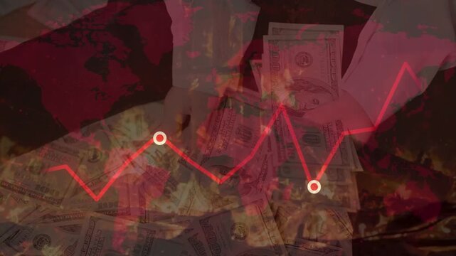 4K motion graphics of a red declining line chart moving over US dollar bills and a world map, representing global economic crisis.