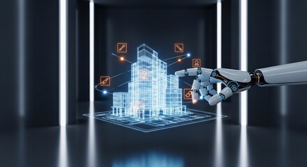 Obraz premium Robotic hand touches a glowing architectural hologram representing a modern building design in a digital workspace.