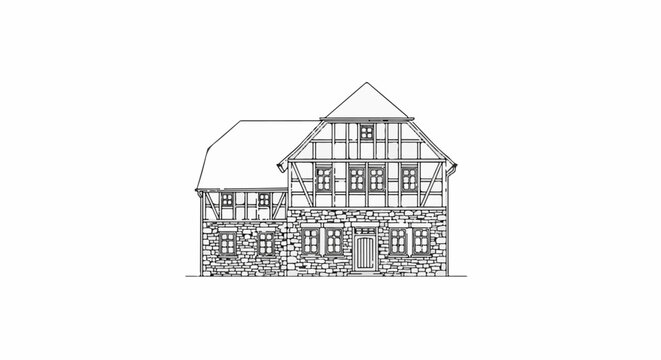 Detailed line drawing of a historic timber-framed house with stone foundation