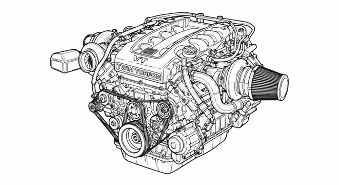 Detailed line drawing of a powerful twin-turbo V8 engine, front angle