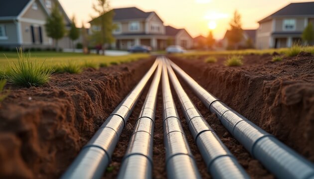 Utility conduit pipes are installed underground in a suburban neighborhood. Houses are visible in the background at sunset. Construction work progresses for modern infrastructure.