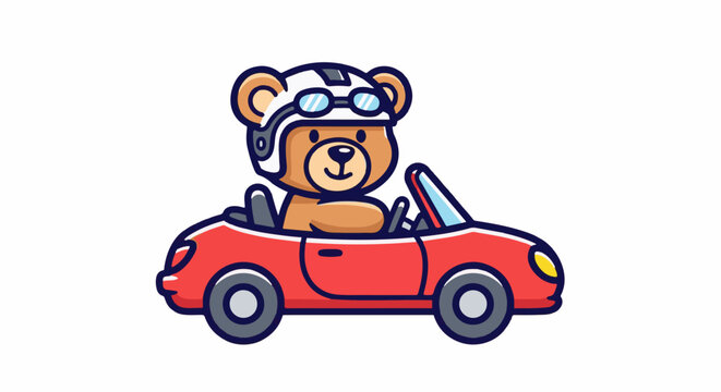 Cute teddy bear driving a red convertible sports car wearing a helmet
