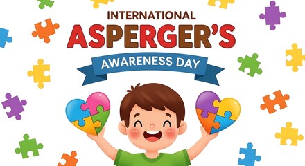 Fototapeta premium International Awareness Day Celebration with Child Holding Puzzle Heart Shapes Background Symbolizing Neurodiversity and Acceptance