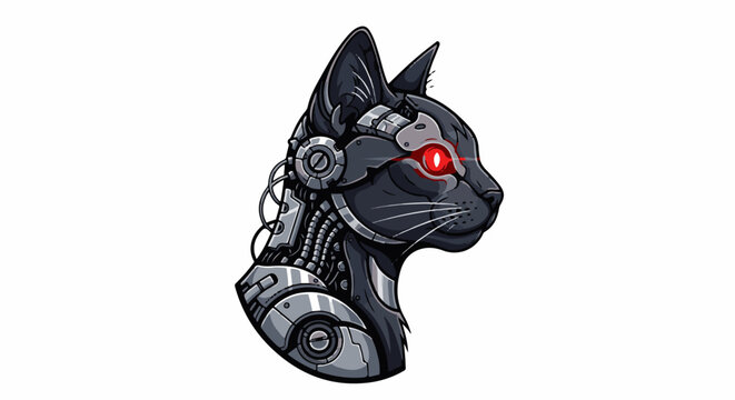 Cybernetic feline with glowing red eye and intricate metal workings