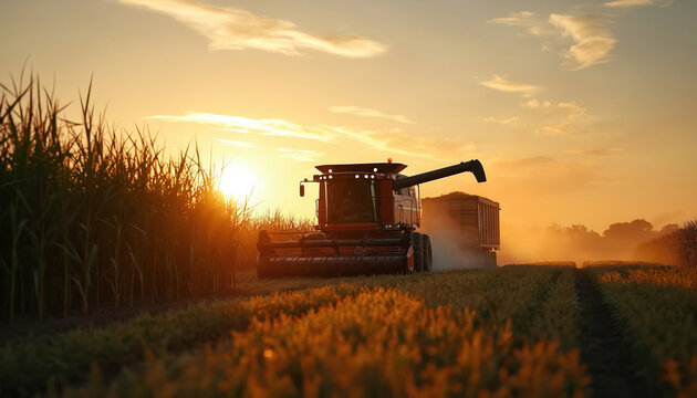 Combine harvester loads trailer with sugarcane crop at sunrise. Agricultural industry machines work efficiently in vast plantation fields during golden hour light.