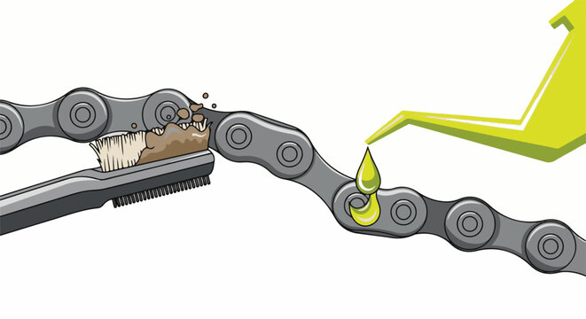 Detailed illustration of a bicycle chain being cleaned and lubricated