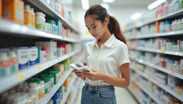 Young woman studies medicine boxes in pharmacy aisle. Female checks drug details, compares items carefully. Person shops for health products, seeks remedy in store.