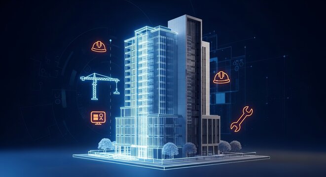 Skyscraper model glows with architectural blueprints and construction icons representing urban development planning.