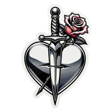 Y2K Chrome Heart Dagger Sticker with Liquid Metal Silver Gradient and Gothic Romance Aesthetic | Heart Pierced by Dagger Digital Sticker with 3D Chrome Effect and Bold Black Outlines | Edgy Early 2000