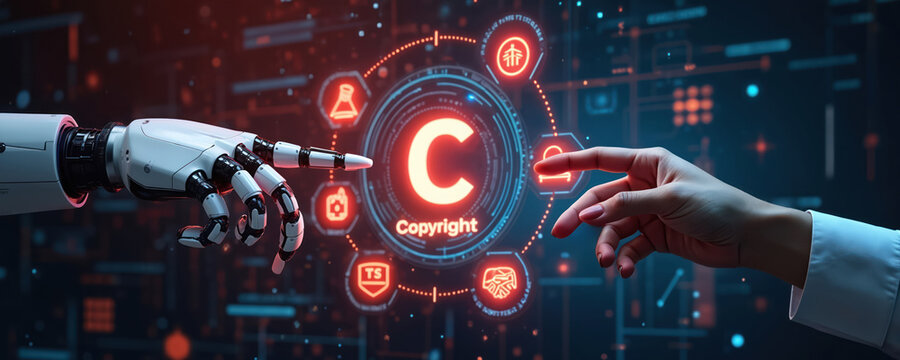 Robot hand and human finger interact with digital copyright interface showing legal protection and IP verification. AI technology secures intellectual property rights.