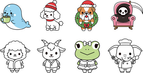 Obraz premium Cute cartoon animal characters collection with seal, dog, frog, sheep, goat and elephant, festive and playful vector illustration for kids and nursery designs