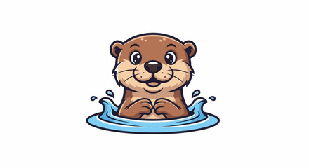 Naklejka premium Cute cartoon otter swimming and splashing in blue water