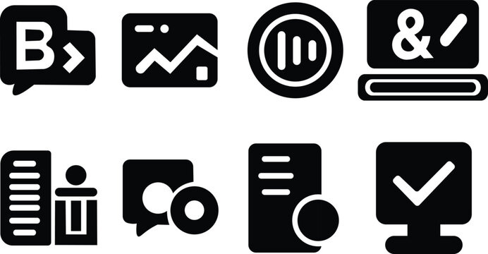 Digital Marketing and Content Creation UI Icon Set. Solid Black Glyph Vector Symbols for Blog, Analytics, Copywriting, and Communication.