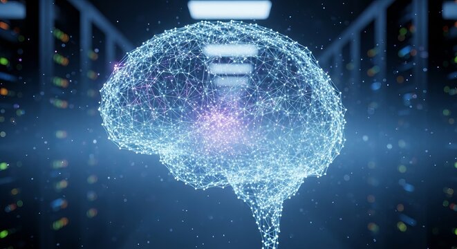 Brain rendered as a digital network structure floats inside a server room filled with rows of computer hardware racks.