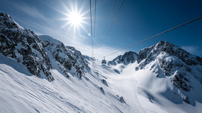 Snowy mountain landscape with ski lift and sunny blue sky