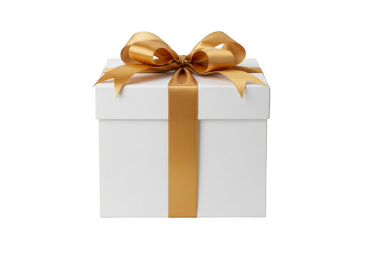 Elegant white gift box with gold ribbon and bow isolated on transparent background