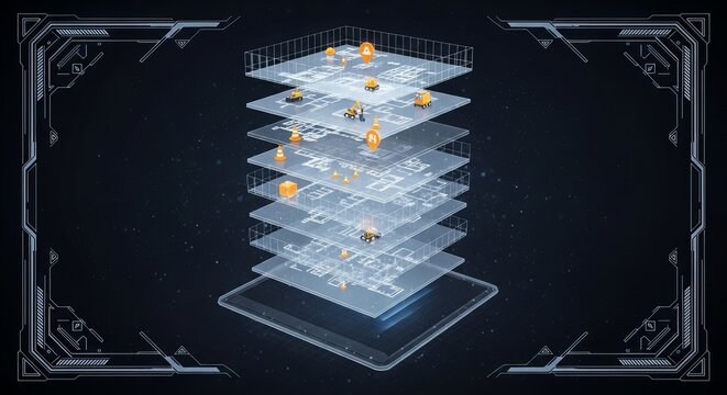 Blueprint layers display a complex architectural model of a modern building structure in a digital interface format.