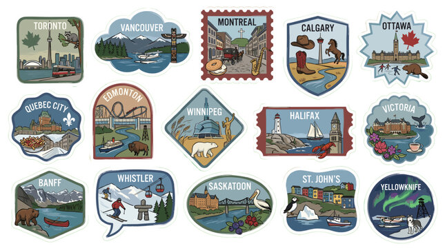 Collection of colorful travel patches depicting iconic Canadian cities and landmarks, including mountains, cityscapes, and wildlife.